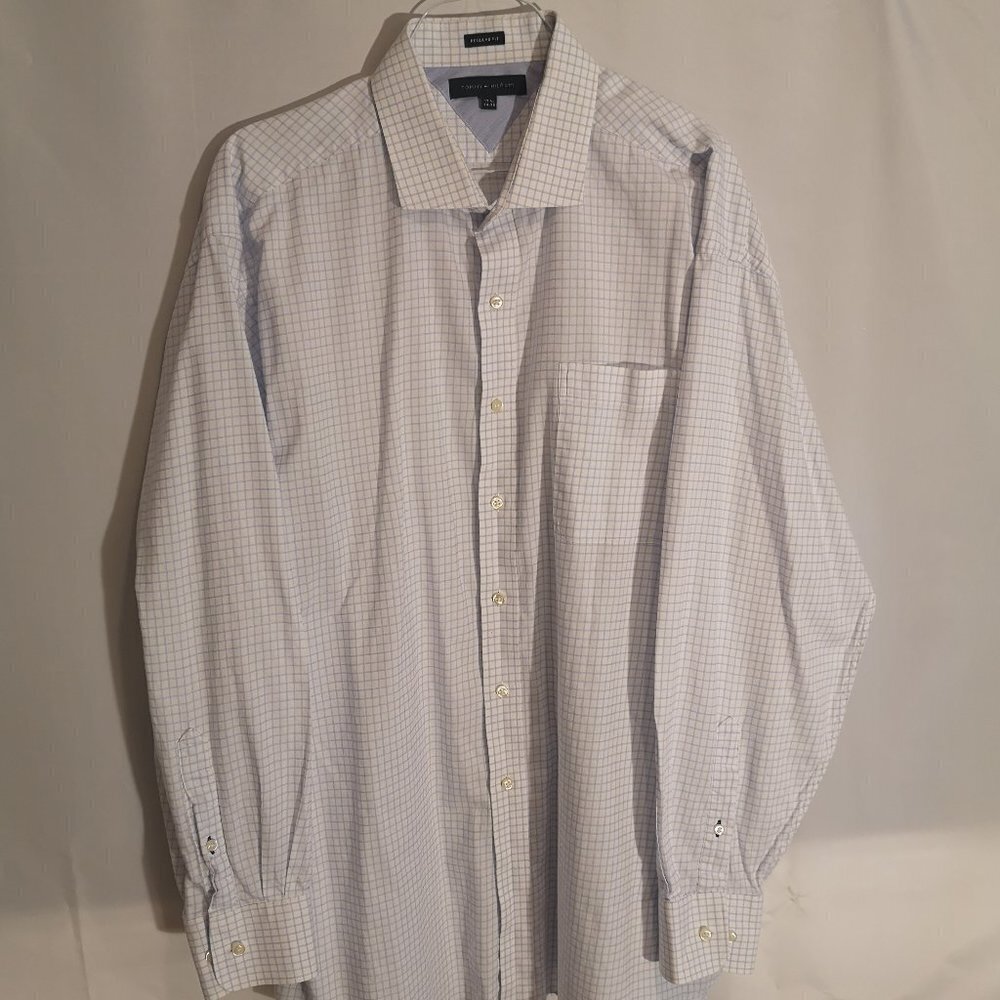 Tommy Hilfiger Men's Size 17.5 Light Blue Check Button Front & Cuffs Dress Shirt